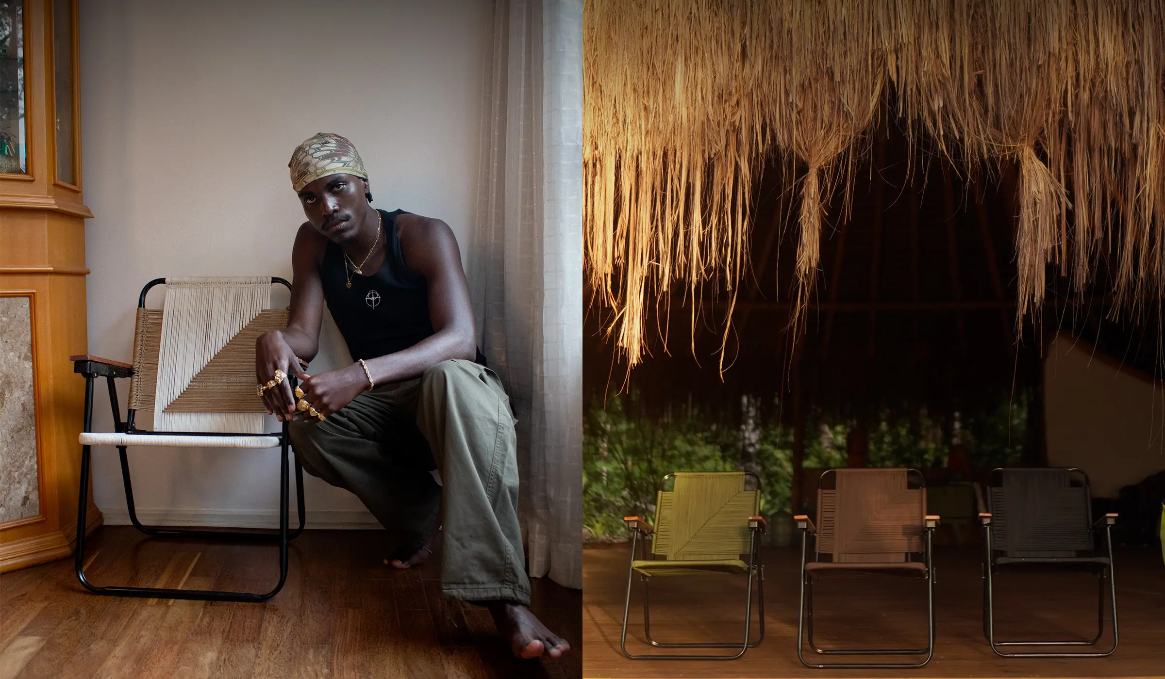 Maiscalmaê campaign featuring a model seated on a handcrafted chair and a group of chairs in a tropical setting.